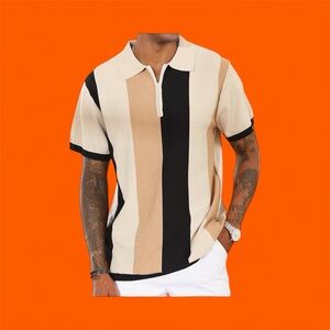 Men's Striped Polo Shirt - Black, Tan, Cream